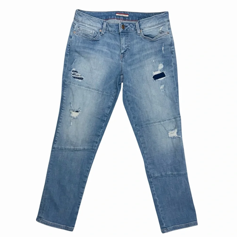 Tommy Hilfiger Boyfriend Jeans Distressed Light Blue Denim Casual Preppy Classic